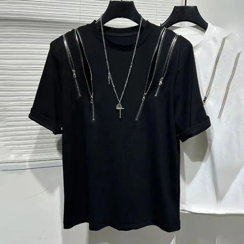 Mens Irregular Zipper Splicing T-Shirt Genderless Fashion Personality Casual Versatile Short-Sleeved Top For Men 250217