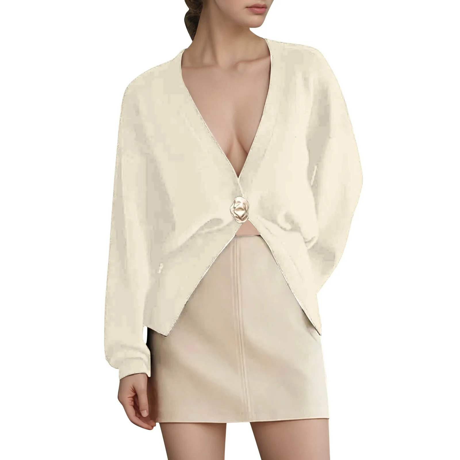 Elegant Deep V Neck Cardigan Sweaters For Women Trendy Golden Button Plain Knitted Outwears Coats Spring Autumn Knittwear 250213