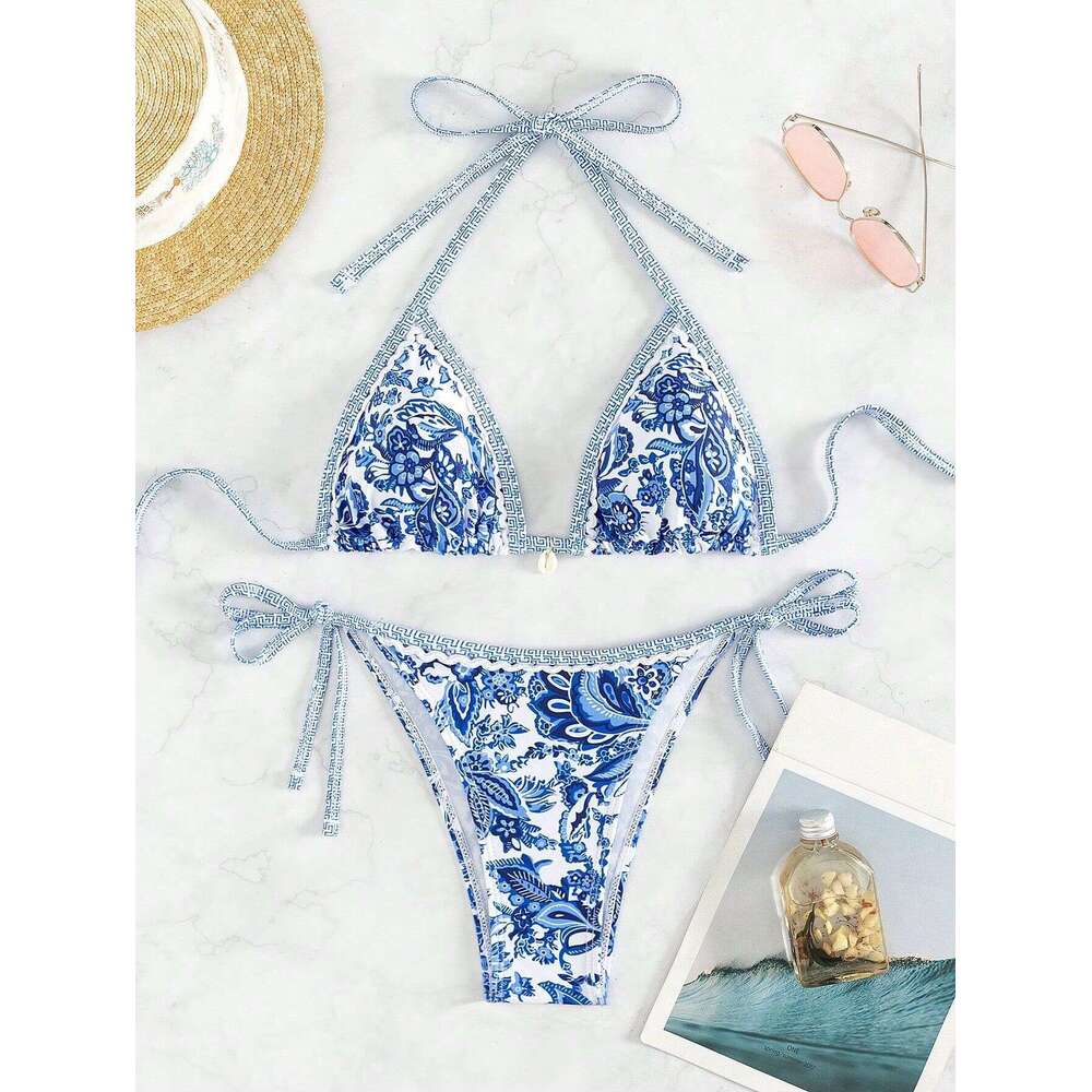 Women's 2025 New Blue and White Porcelain Printed Lace Up Sexy Bikini Split Swimsuit Designer Underwear Women Swimsuit Swimsuits Designer Womens 