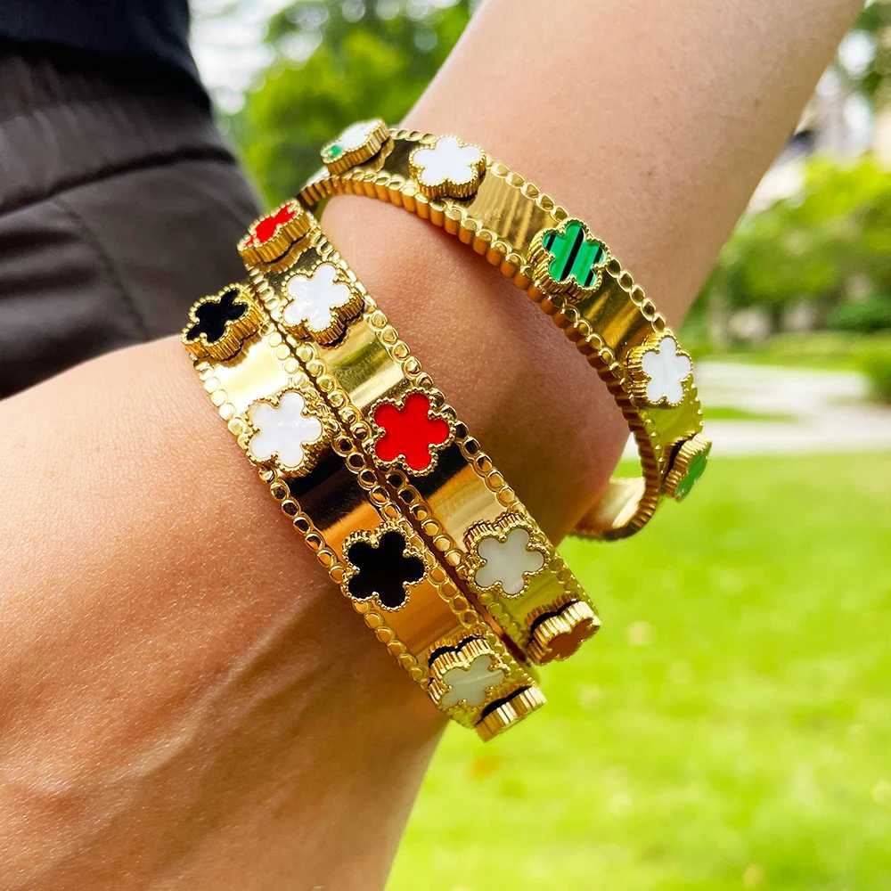 Bangle Classic Stainless Steel Black Green White Flower Bracelet Womens Metal Rust Resistant Wrist Jewelry Gift Party H250217