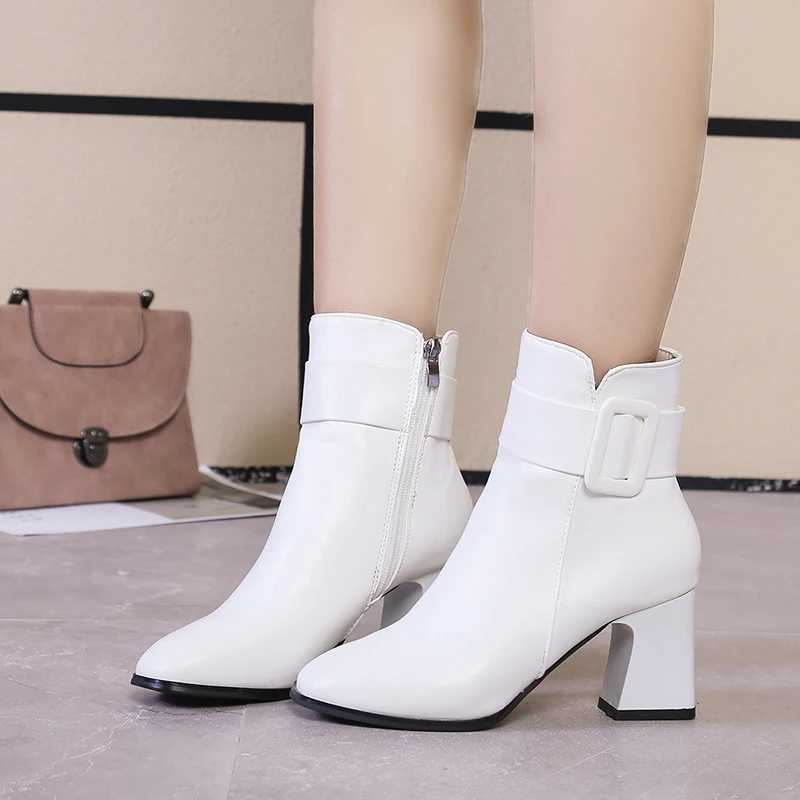 White Black Thick High Heel Ankle Boots Women 2020 Pointed Toe Keep Warm Elegant Short Booties Ladies Ankle Buckle DecoratiXJ250217