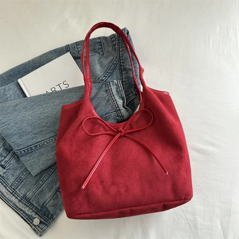 Fashion Bow n Shoulder Bags for Women Vintage Faux Suede Ladies Underarm Tote Bag Female Large Capacity Handbags 250206
