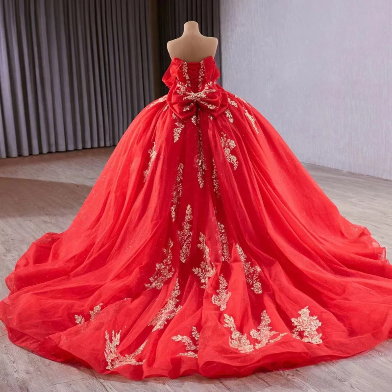 Red Shiny Quinceanera Dresses Ball Gown Off The Shoulder Gold Applique Lace Beading Crystal Tull Party Birthday Sweet 16 Dress Vestido 15 De Anos
