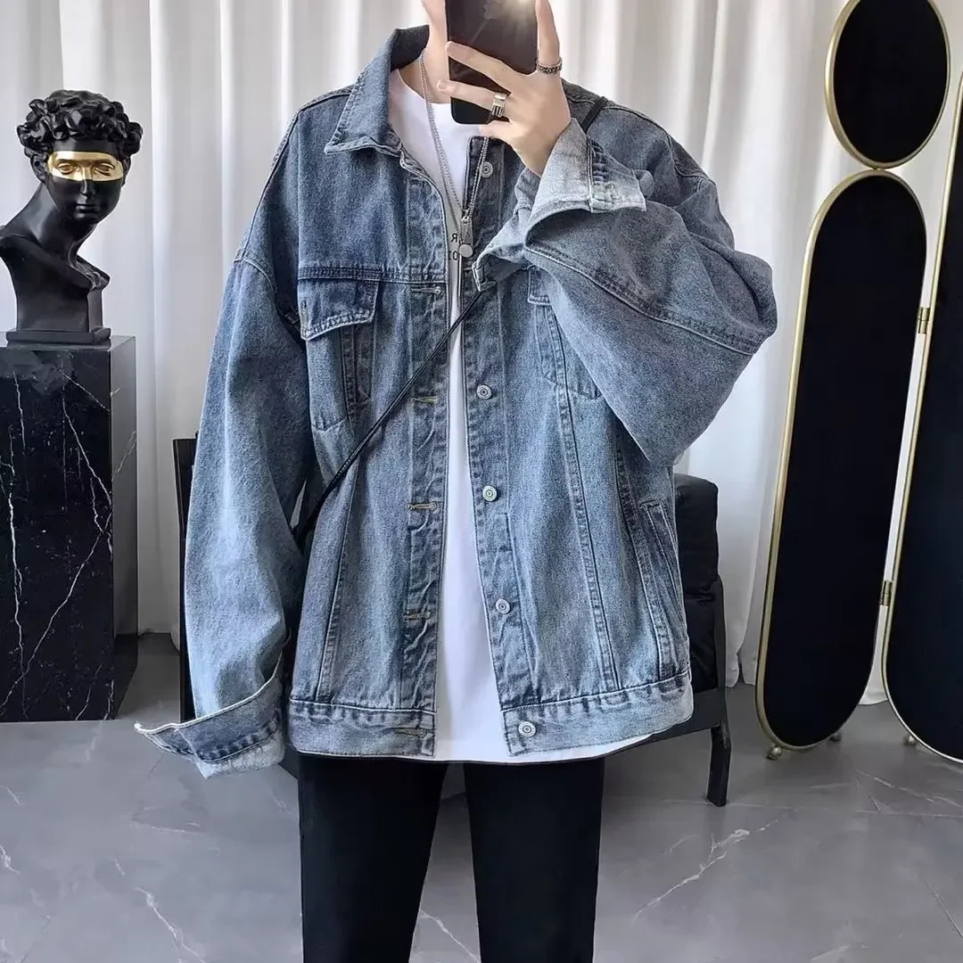 Denim Jacket Loose Fit Style Spring Autumn Mens Cardigan Top Casual Trendy Solid Color Korean Version Simple 250210