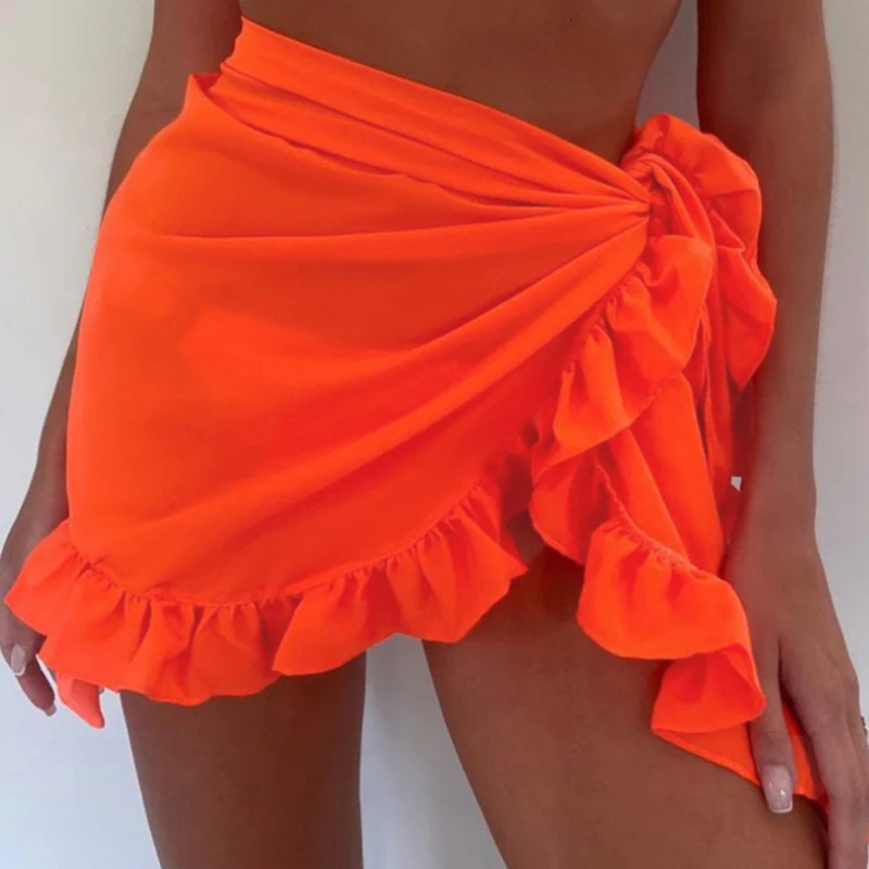 Women Swimsuit Bikini Coverup Skirt Summer Solid Color Beach Wrap Swimwear Female Ruffle Trim Lace Up Sarong Cover 250212