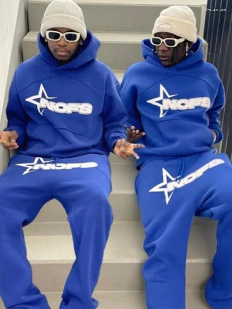 Men's Tracksuits Trendy Kangaroo Pocket Hoodie And Sweatpants 2 Piece Set For Man Casual Letter Printed Outfits 2025 Elastic Waist Pants