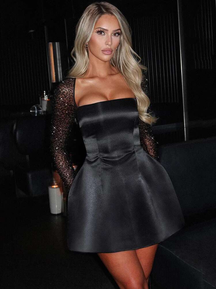 Mozision Glitter Long Sleeve Backless Sexy Mini For Women Robe Square Collar Lace-Up High Waist A-E Club Dress Elegant