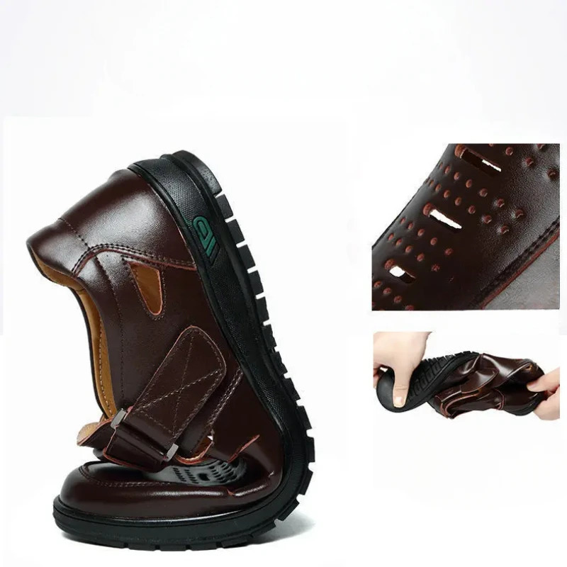 Men Sandal Summer Hollow Non-slip Casual Pu Leather Sandals for Men Fashion Lighted Breathable Beach Slippers Classic Dad Sandal 250217