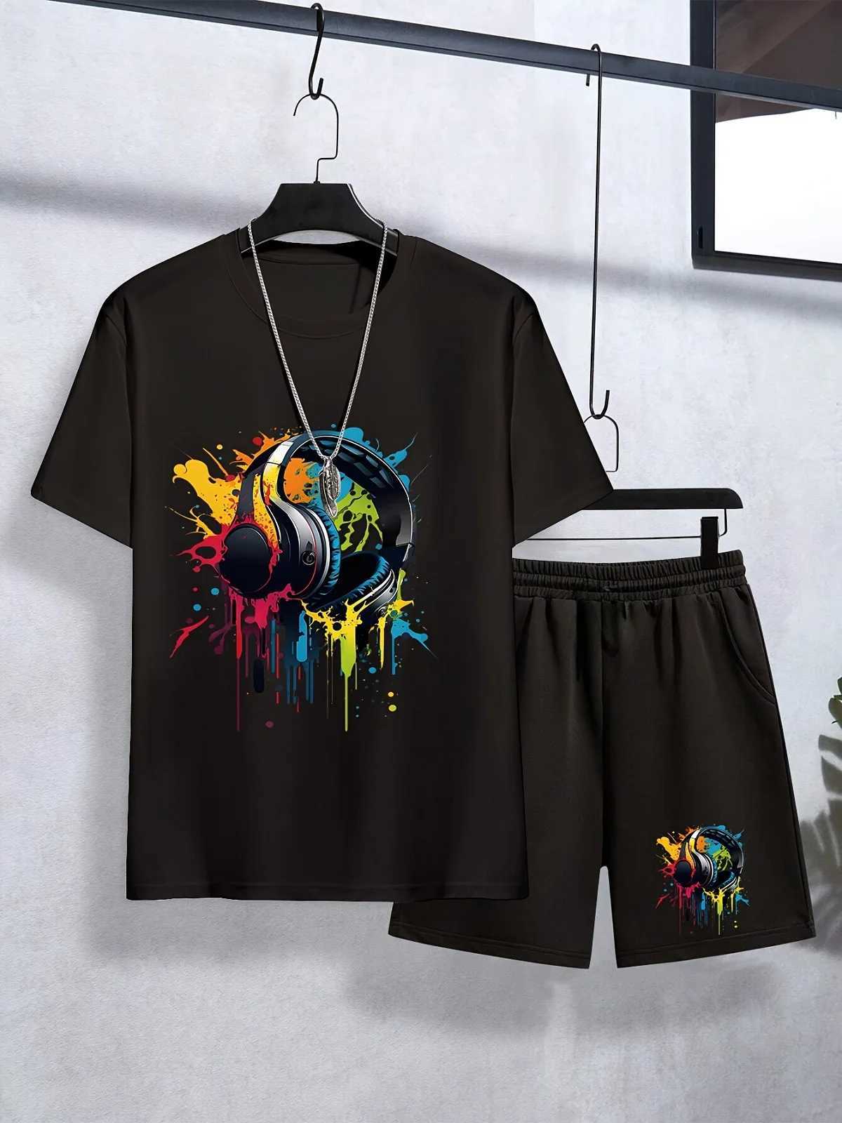 Summer Baby Boy Clothes Set Children Girls Colorful Headset Printed Short Sleeve T-shirts Top and Shorts Bottom Outfits Kid Suit W250218