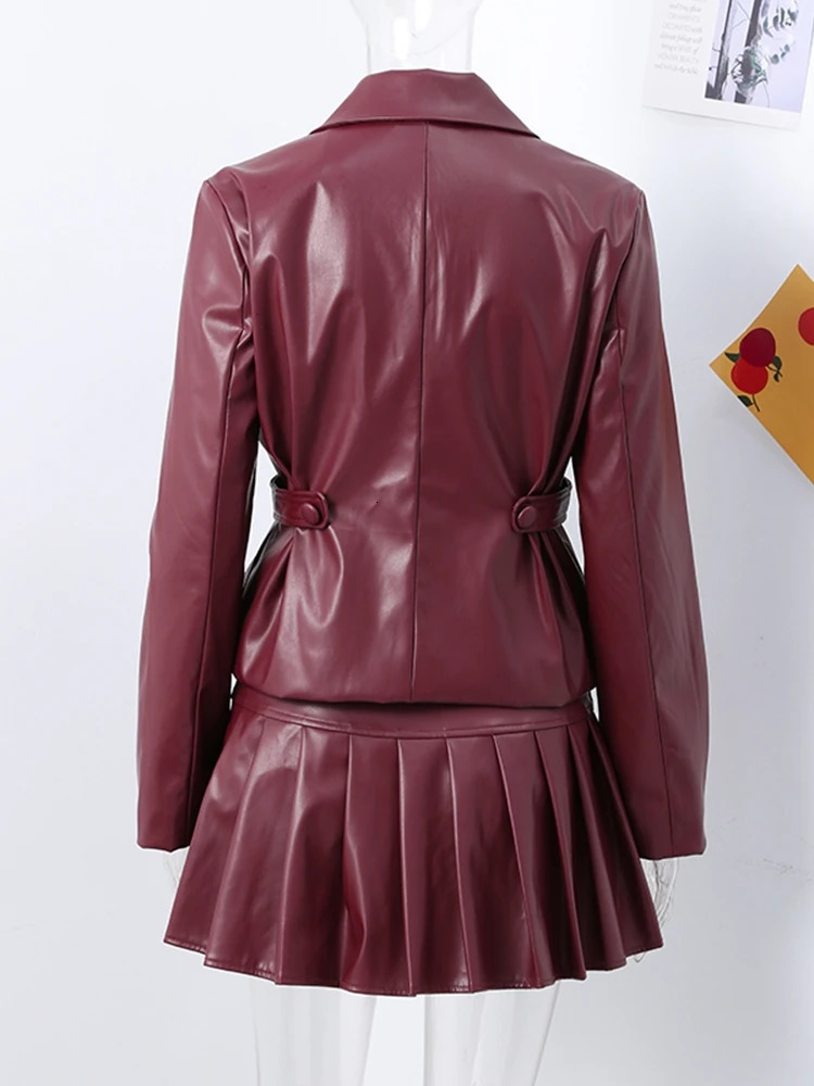 Vintage Wine Red Leather Skirt Set For Women Lapel Long Sleeve Jacket Y2K Pleated Mini Skirts 2 Pieces Suits Lady Street Outfits 250214
