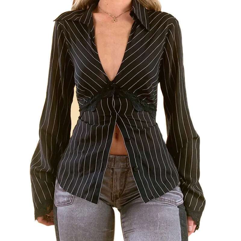 Lamuusaa Striped Shirts Women Lace Trim Deep V Neck Single Breasted Flared Sleeve Cardigan Blouses Tops Y2k Clothing Streetwear