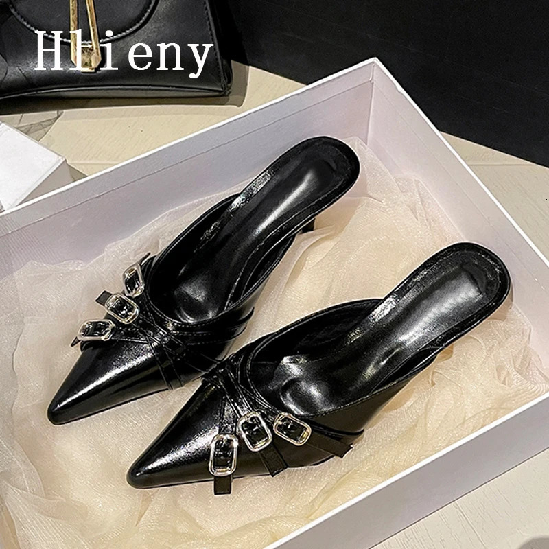 Hlieny 2025 Gold Silver Pointed Toe Ladies Shoes er Low Heels Mules Slippers Fashion Buckle Strap Pumps Women Slides 250217