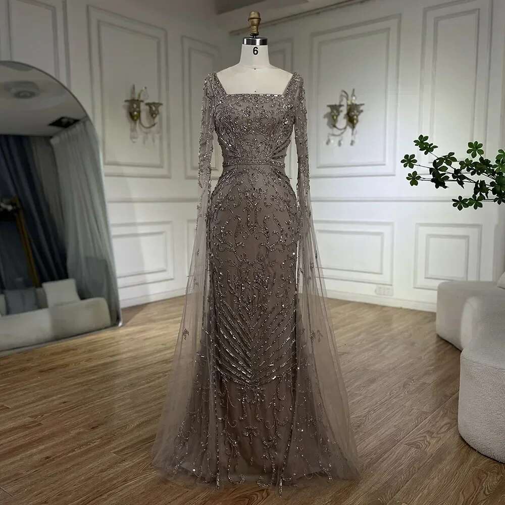 Caramel Arabic Mermaid Long Evening Dress With Beaded Cape Sleeves Gown Evening Party Customize