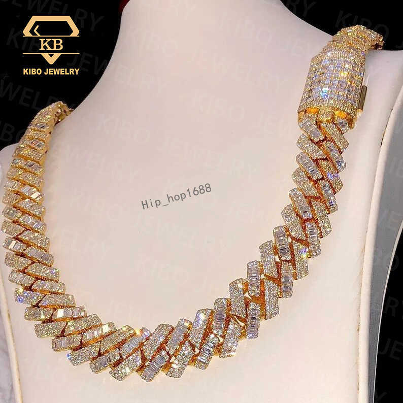 vvs Iced out rapper jewelry 925 silver gold plated necklace gra two tones style baguette/round cut moissanite cuban link chain