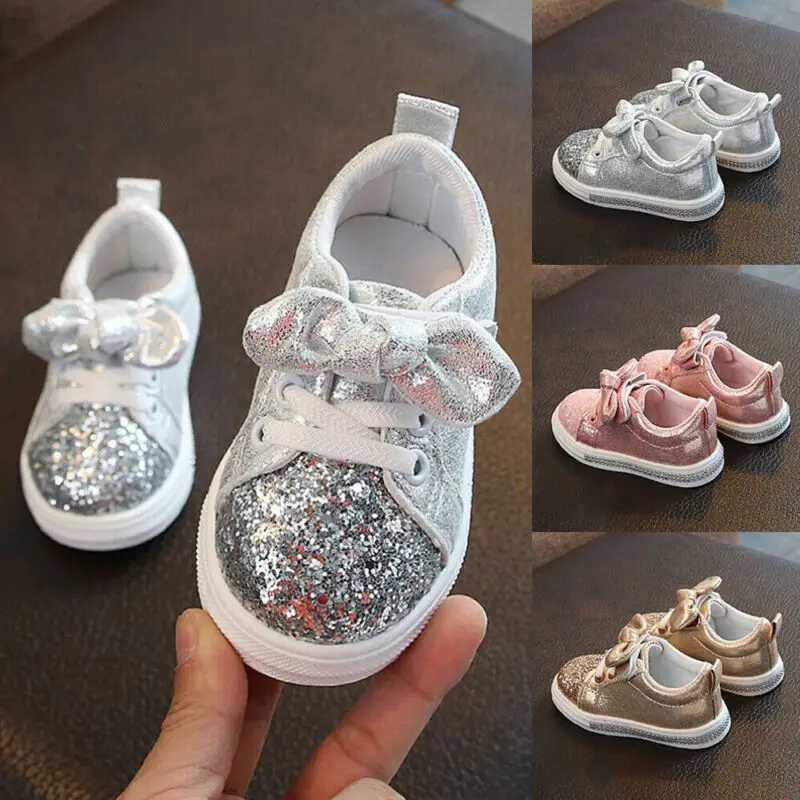 Free Girls Child Soft Sole Sports Shoe Kids Sequins Casual Sneakers Cute Bowknot Shinny Shoes Z250217