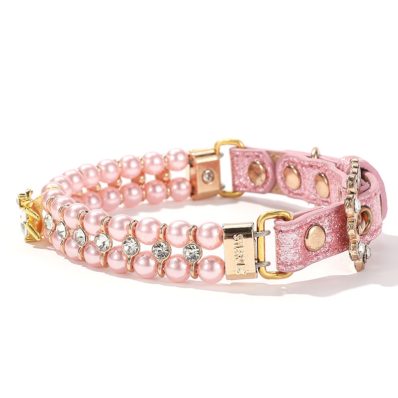 Luxury Pearl Dog Collar with Rhinestone Gold Beetle Accessories, Shiny Leather Dog Collar for Female Puppy Kitten Small Medium Dogs Birthday Gift and 