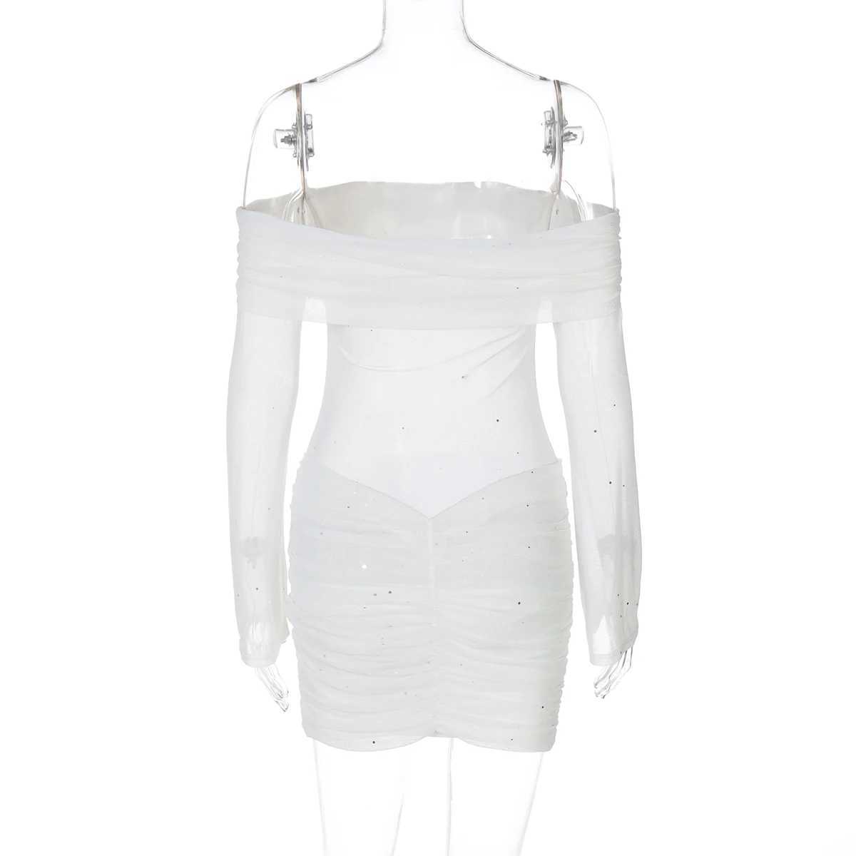 Basic Casual Dresses Lygens Shr Off The Shoulder Ruched Long Slve Ruched S Through WomenS Dresses Elegant Evening Party Korean Ladies Dress H25217