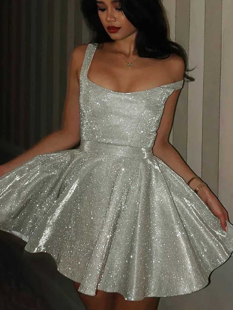 Basic Casual Dresses Fantoye Glitter Bright Silk Sparkling Women Dress Silver Spaghetti Strap A-line Dress Femme Autumn Skinny Elegant Party Clubwear 
