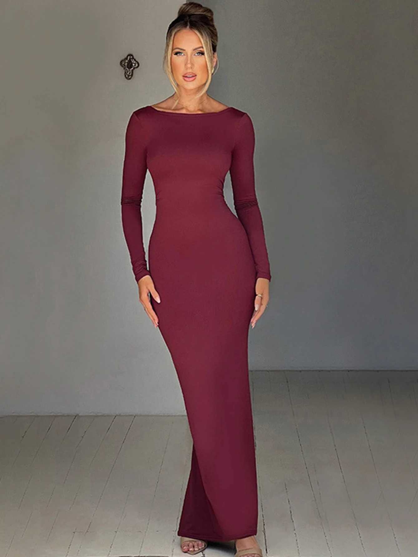 Basic Casual Dresses Dulzura Long Slve Backless Ruched Maxi Dress Women Bodycon Sexy Party Birthday Evening Outfits 2024 Autumn Winter Clothes H25217