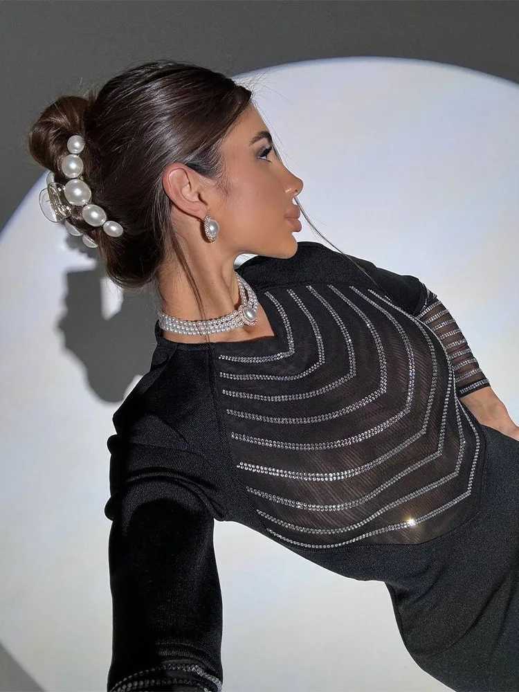 Basic Casual Dresses Ahagaga Mesh Rhinestone Dresses Fashion Patchwork Solid V-Neck Slim Fit Long Slves Diamonds Party Maxi Female Vestidos Robes H252