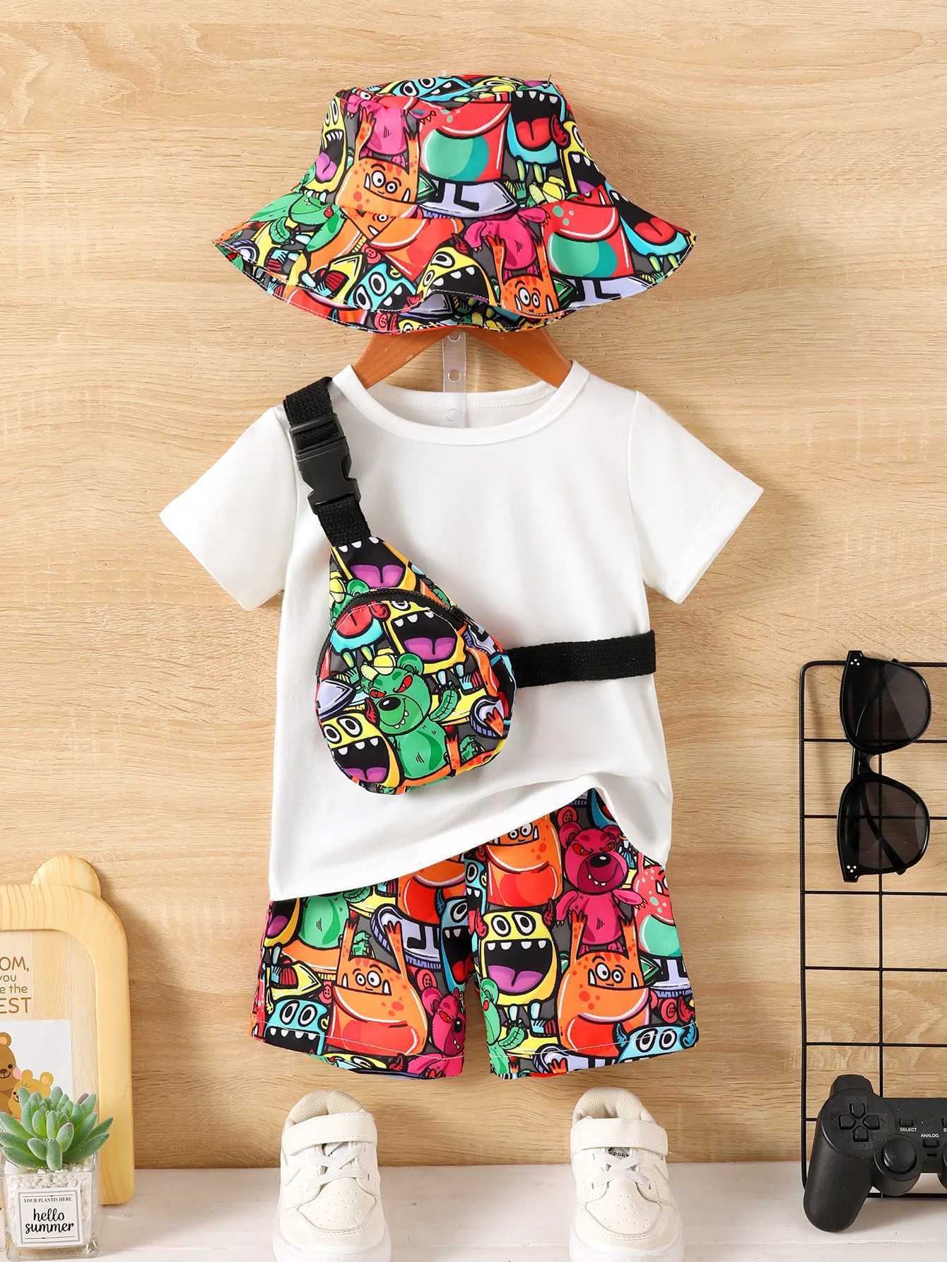 Baby Boys Summer Fashion Funny Four-Piece Pure White T-Shirt Top Monster Print Straddle Bag Pocket Pants Sunscreen Hat W250218