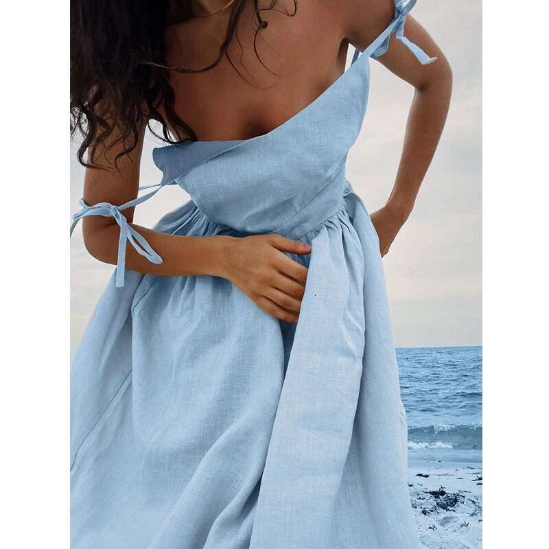 Original Backless Cotton Spring And Summer Women's Elegant Mori Style Sexy V-Neck High Waist Suspender Dress