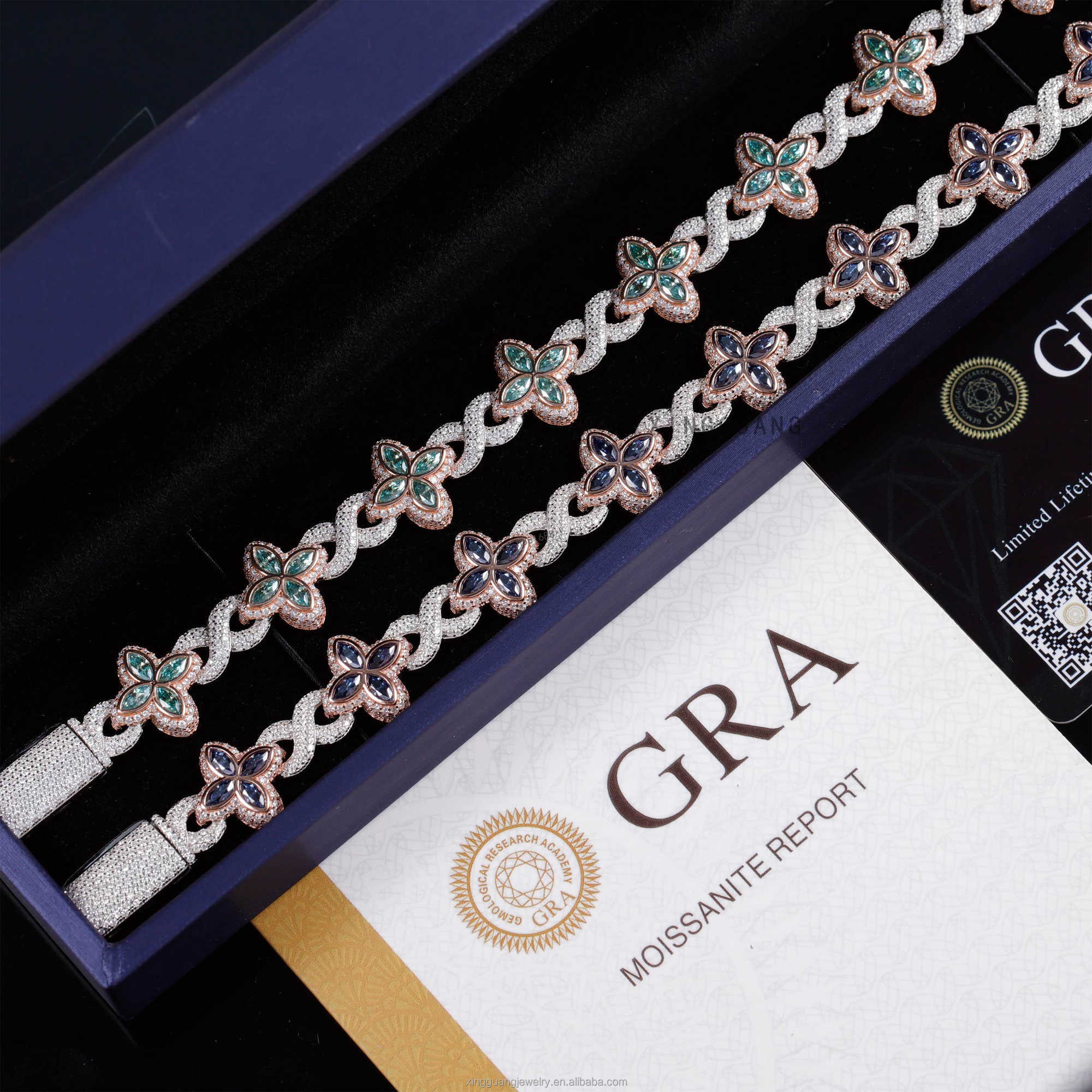 Hot Selling 12MM 925 Sterling Silver Cuban Clover Bracelets Iced Out Hip Hop Infinity Colored Moissanite Cuban Bracelet