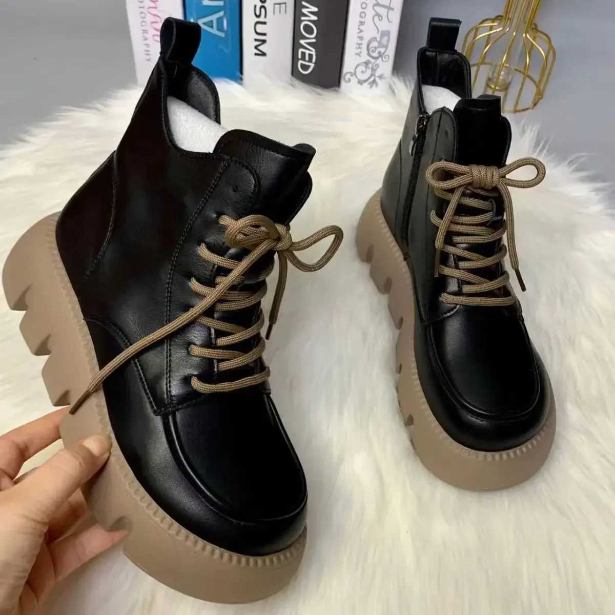 Womens 2025 Spring and Autumn New Soft Leather Boots Fi Thick Soled Tall Short Boots Round Head Strap Short BootsXJ250217