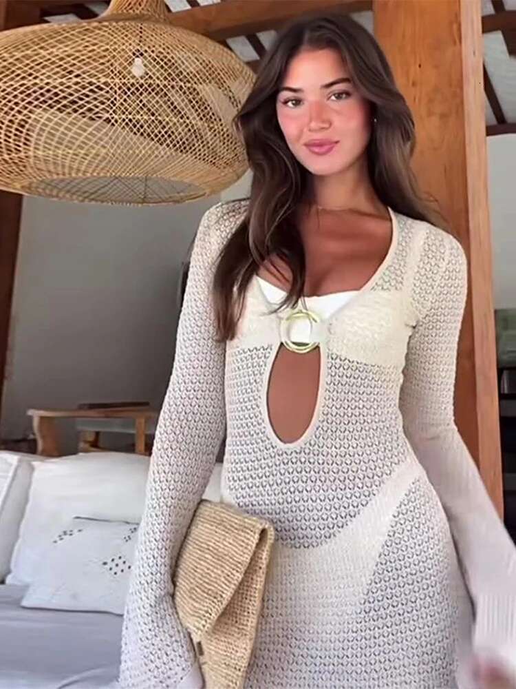 Sexy Hollow Out Knitted Women Metal Ring Long Flare Sleeve Split Solid Maxi Dress Female 2025 V-Neck Slim Lady Party Robes