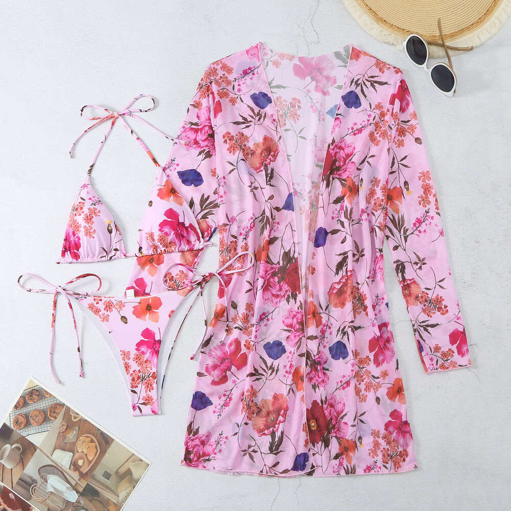 5 Colors European and American Printed Mesh Three piece Cover Shirt Bikini Swimsuit 2025 New Casual Versatile Fashion Clothing