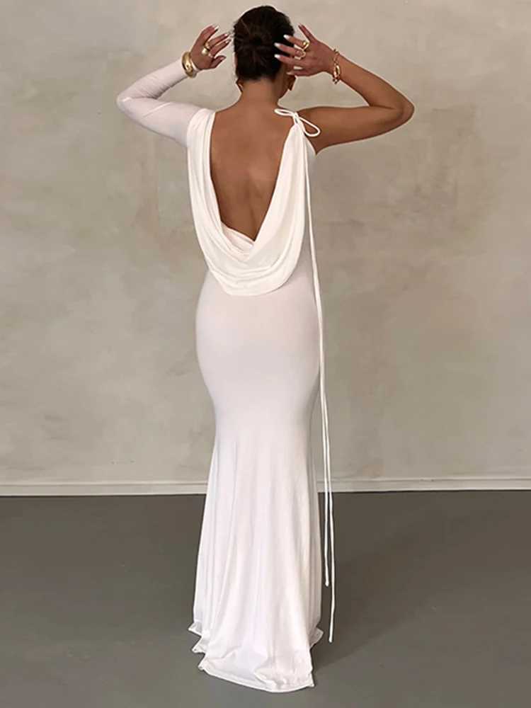 Basic Casual Dresses Dulzura Lace Up Long Slve One Shoulder Maxi Dress For Women Bodycon Party Elegant Outfits Birthday Evening 2023 Summer H25217