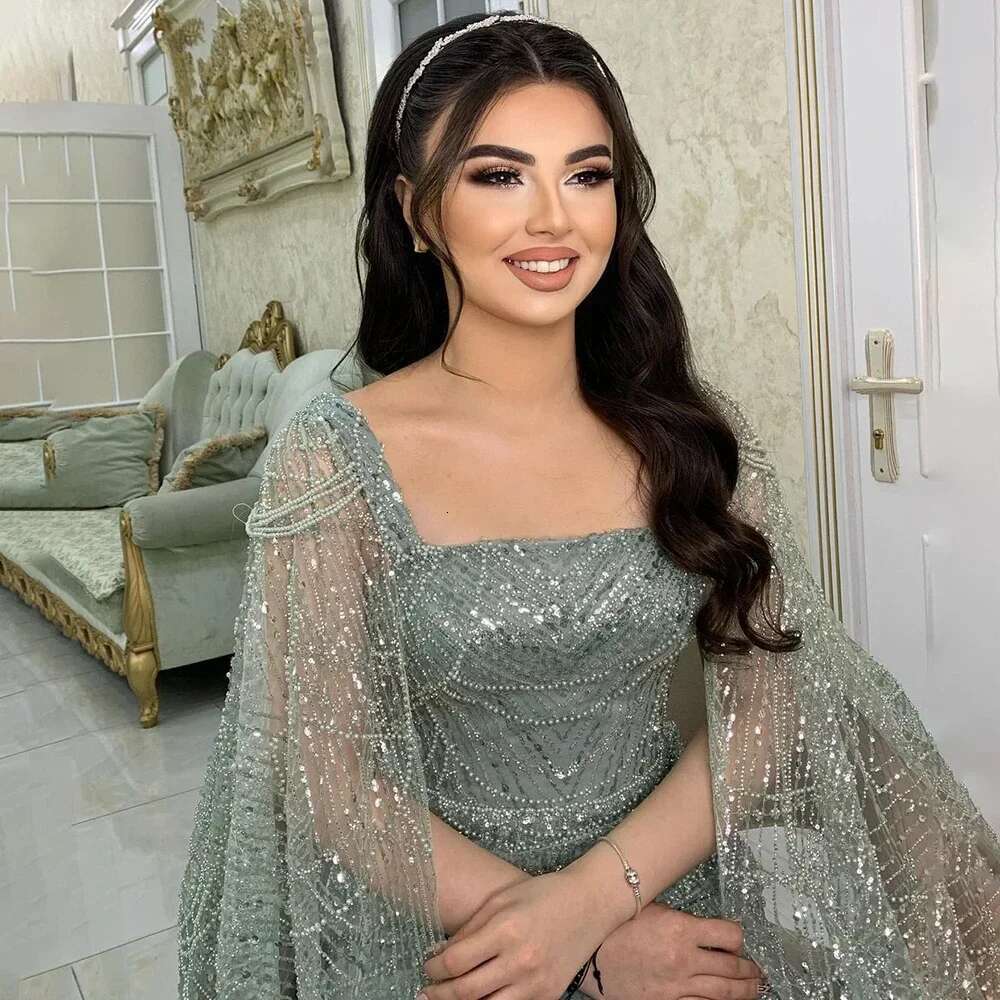 Turquoise Arabic Cape Sleeves Beaded Pearls Or Length Evening Gown Party Dress For Women Customize BLA