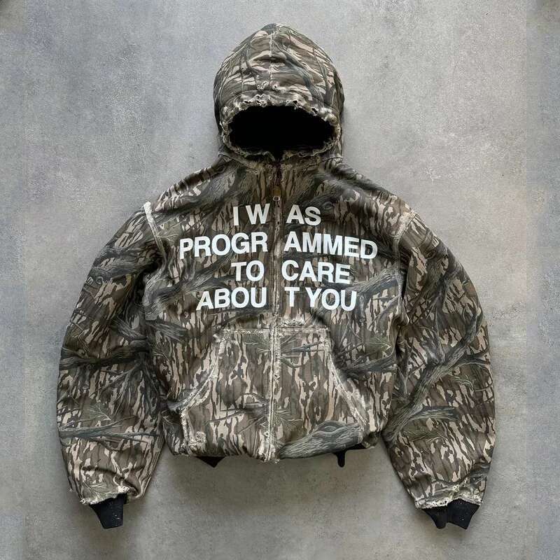 Y2K Haruku zip Hoodie Casual vintage Letter Printed Oversized Camouflage Top Gothic Hip Hop Men Women Loose Trendy StreetWear