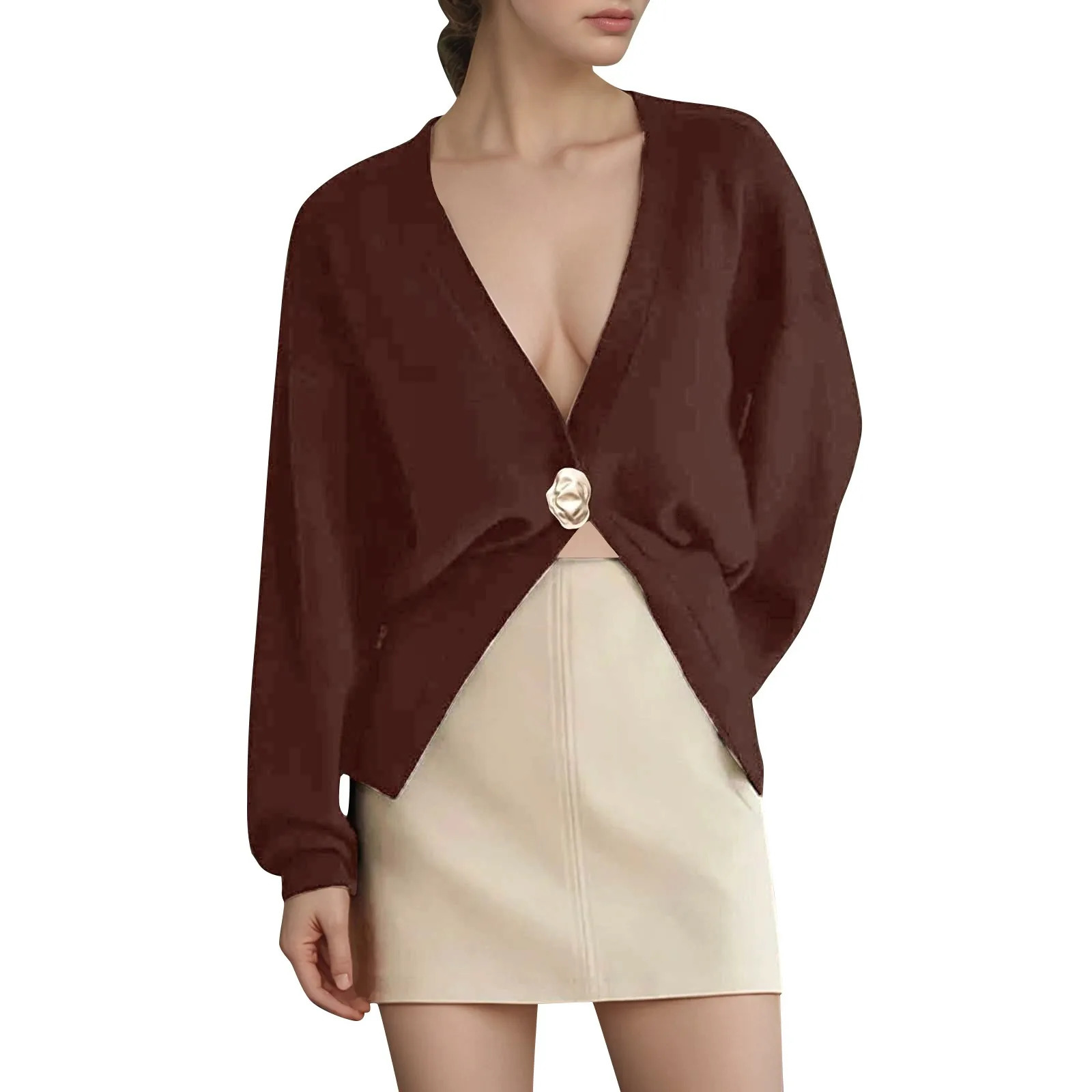 Elegant Deep V Neck Cardigan Sweaters For Women Trendy Golden Button Plain Knitted Outwears Coats Spring Autumn Knittwear 250213