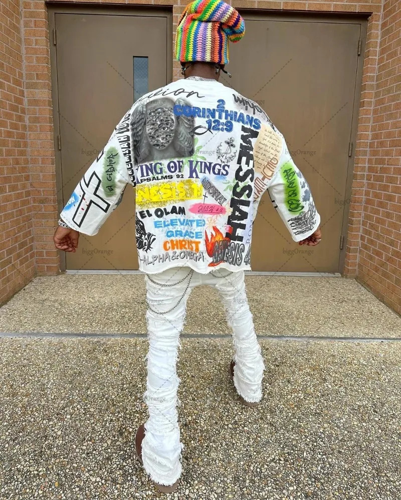 Gothic Punk Style Printed Graphic T-shirt American Retro Oversized Long-sleeved Men Y2K Harajuku Street Hip-hop Casual Loose Top 250122