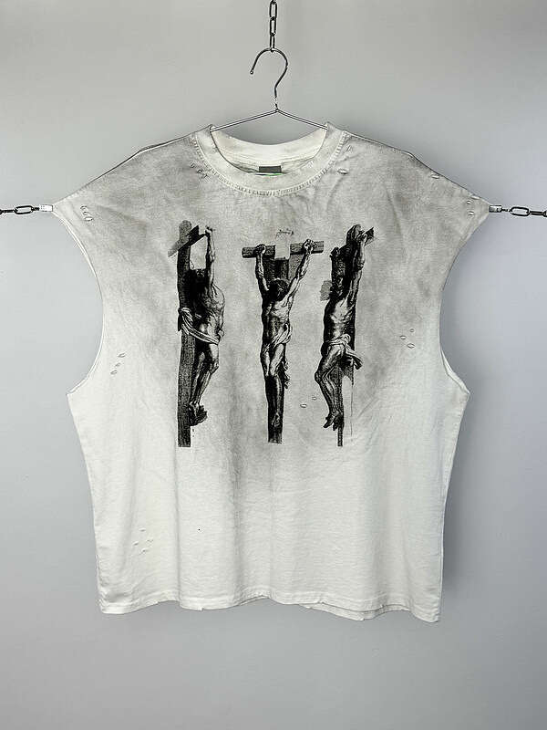 New American style hand water tank top, worn out, washed with white ink, direct spray printed short sleeved T-shirt