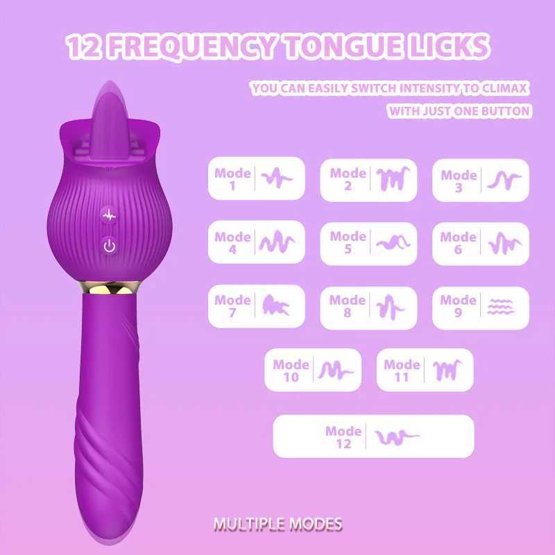 Female Masturbation 12 Modes Silicone Wand G Spot Vibrator Rose Tongue Licking Clit Stimulation Sex Toys for Women Adult ProductXJ250218