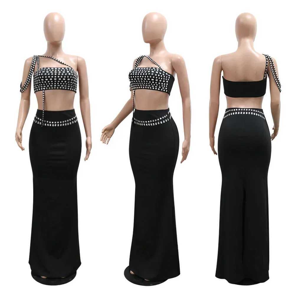 Basic Casual Dresses Women Set Diamonds Hot Rhinestones Strapless Top + Long Skirt Suit Dress Sets Two 2 Piece Set Party Club Night Outfits H25217