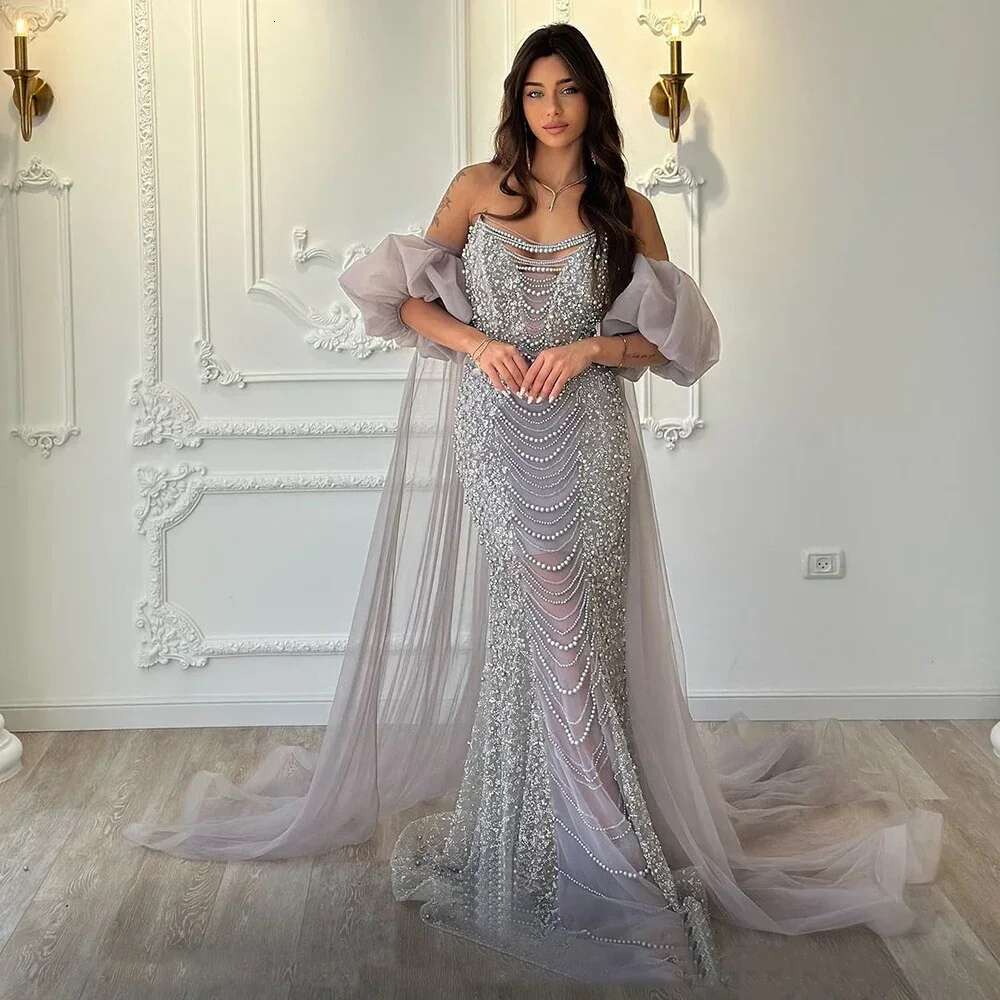 Evening Lilac Gown Vintage Half Puff Sleeve Dress With Cape Jacket Beaded Pearls Customize Party BLA