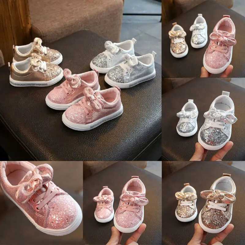 Free Girls Child Soft Sole Sports Shoe Kids Sequins Casual Sneakers Cute Bowknot Shinny Shoes Z250217