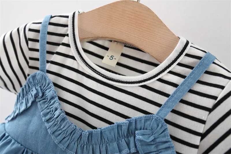 0-3-year-old summer patchwork girl short sleeved T-shirt with suspender dress set solid color striped girl princess skirt W250218
