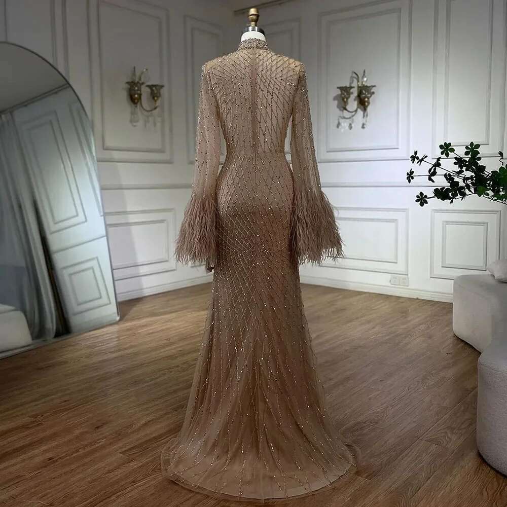 Evening Party Dubai Gown Nude Illusion Lace Beaded Feathers Mermaid Long Evening Dress Customize