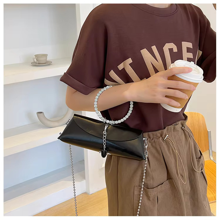 Metallic Women's Dinner Bag with Rhinestone Detail - Round Circle hot Handle, Cute Evening Clutch