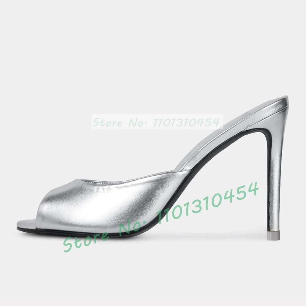 Gold Metallic Peep Toe Mules Women Trendy Smooth Leather Stiletto High Heels Slippers Ladies Elegant Party Sier Dress Shoes