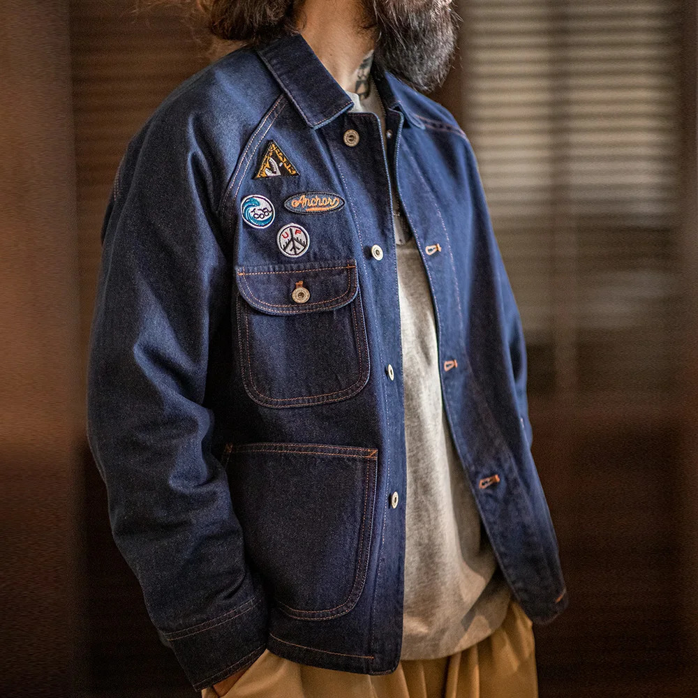 Maden Vintage Embroidered Badge 128oz Heavyweight Denim Jacket Washed Lapel Casual Outerwear for Men Spring and Fall Chore Coat 250212