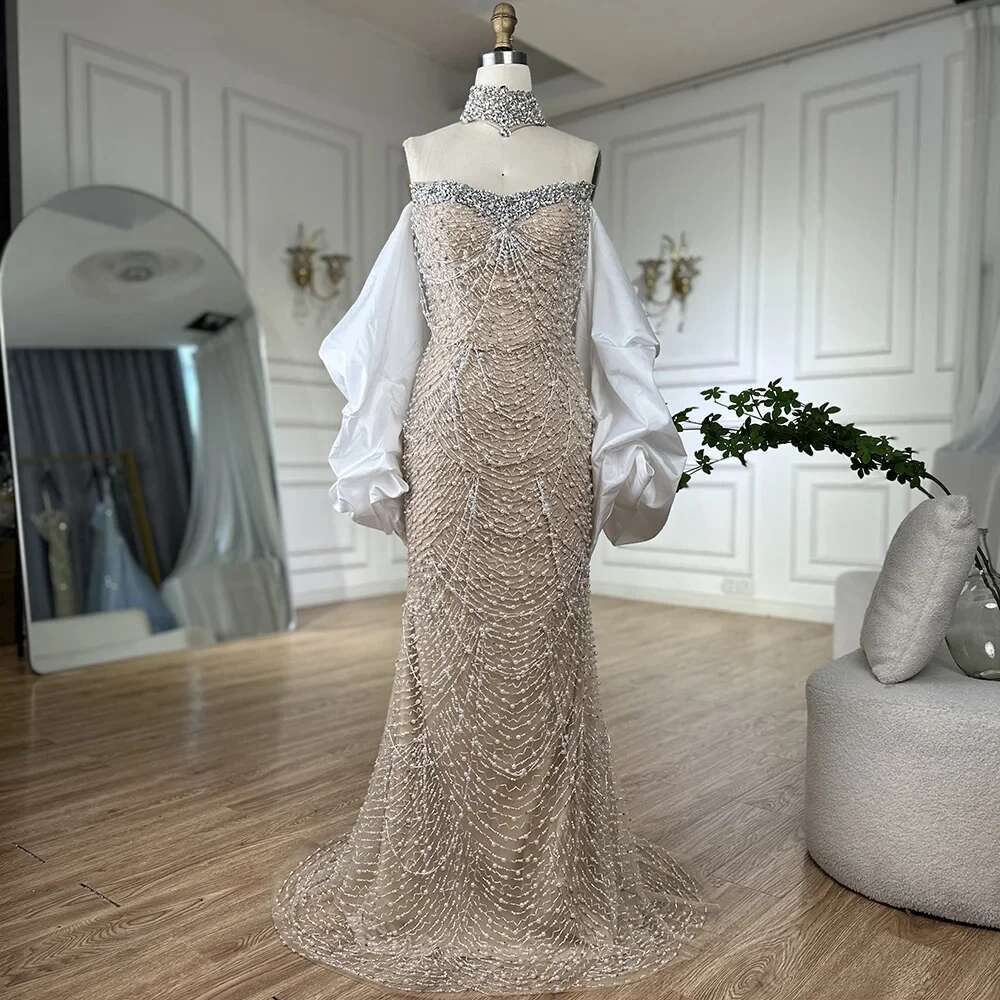 Beaded Saudi Evening Dresses Gowns White Mermaid For Women Evening Party BLA Customized