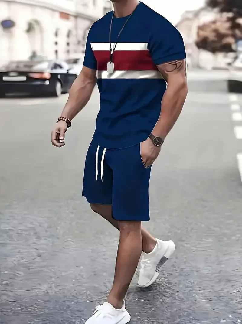 Summer Mens Suit T-shirt Short Sleeve Shorts Two-piece Set Comfortable Loose Breathable Sportswear Two-piece Set 250217