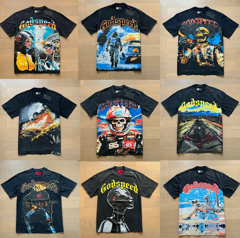 godspeads shirt designer shirt mens t shirt clothe beach hipster fabric cotton Street colorful graffiti Letter foil all print Vintage washed tee size S-XL 25new