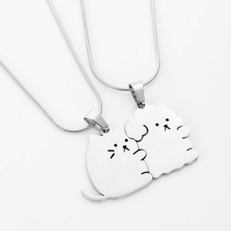 New product splicing style hing kitten, puppy, couple, best friend, cute cartoon men's and women's stainless steel necklace