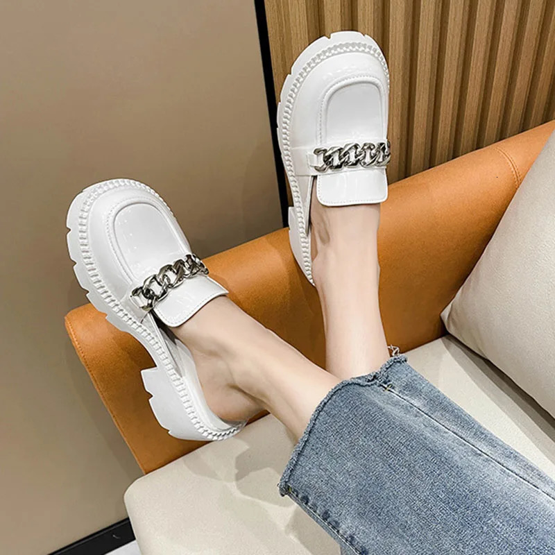 House Slippers Platform Female Shoes Square Heel Slides Fashion Loafers With Cover Toe Women Heels Block High Slides 250213